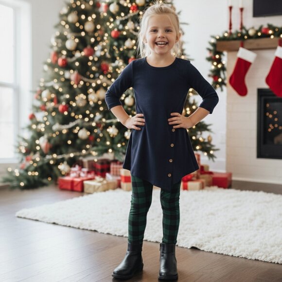 S/L NEW Girls Green Plaid Christmas Leggings, Luxury Soft Kids Yoga Pants - Picture 3 of 9